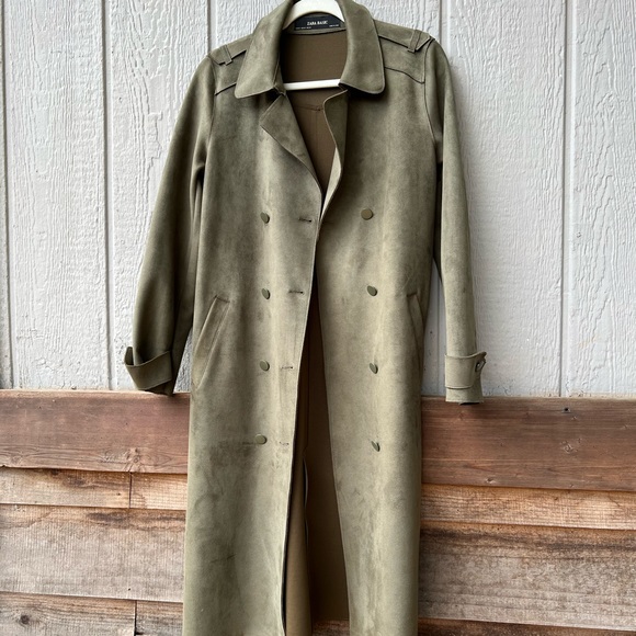 Zara Basic full length faux suede army green button up collared trench coat - Picture 2 of 15